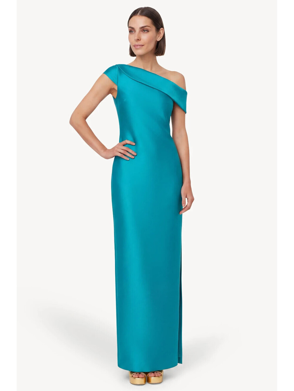 Badgley Mischka One-Shoulder Column Gown $850 Teal sz 4 NWT Formal Evening Gala